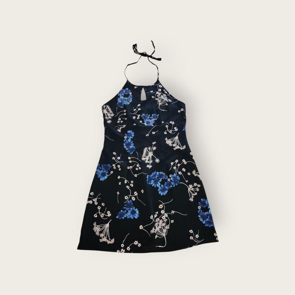 VTG Y2k Urban Life black and blue floral print empire waist halter mini dress 11